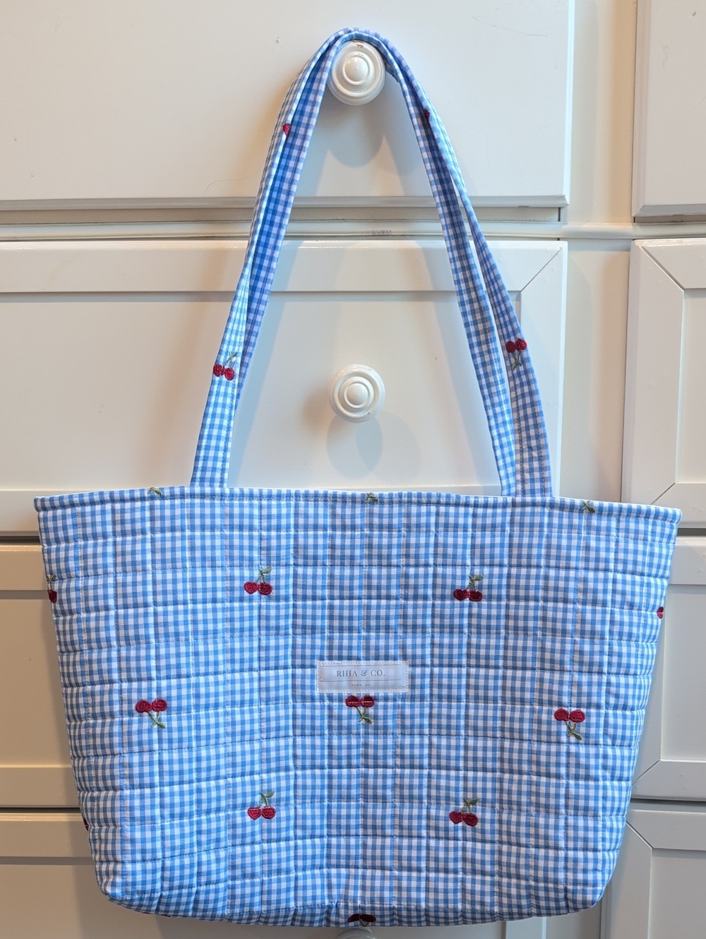 Blue Gingham Cherry Tote Bag by